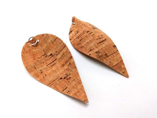P390 - 10 pcs. Striped Cork Style Faux Leather Dangle Charms Pendants - Pinch Leaf - Silver Tone Jump Ring - 62mm (2.5") - Great for Earrings!