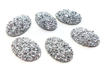 CA981 - 10 pcs Drusy Druzy Resin Embellishment Oval Cabochons - Silver - Dome - 25x18mm - 25mm x 18mm - 18x25mm - Thickness: 5mm