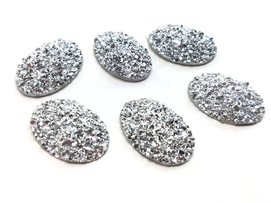 CA981 - 10 pcs Drusy Druzy Resin Embellishment Oval Cabochons - Silver - Dome - 25x18mm - 25mm x 18mm - 18x25mm - Thickness: 5mm