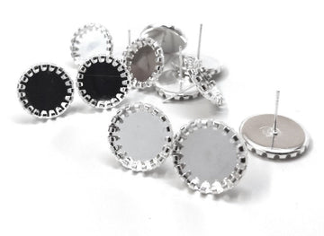 E464 - 10 pcs. Silver Plated Earring Posts Studs Settings Bezels Cabochons Tacks - Bubble Style - 12mm Glue Pad Setting - Includes Rubber Stoppers