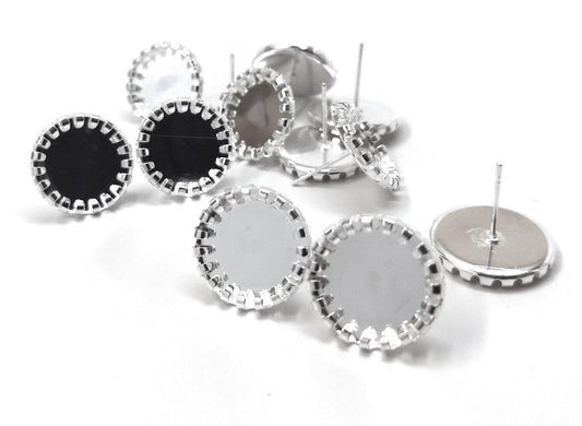 E464 - 10 pcs. Silver Plated Earring Posts Studs Settings Bezels Cabochons Tacks - Bubble Style - 12mm Glue Pad Setting - Includes Rubber Stoppers