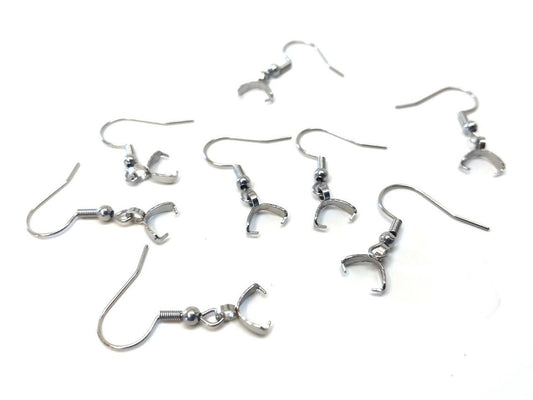 E756 - 6 pcs 316L Stainless Steel Earring Hooks with Spring and Ball - 28mm x 19mm - With Pinch Clips Bails - Silver Tone