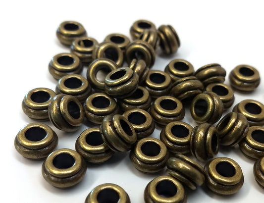 BD615 - 50 pcs Antique Bronze Striped METAL Rondelle Spacer Beads - 10mm - Large Hole: 4.5mm - Fits European Cords and Paracord!
