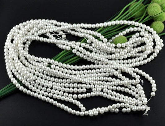 BD153 - 8mm White Glass Pearl Imitation Round Beads - 32 inch strand - Approx. 105 beads per strand