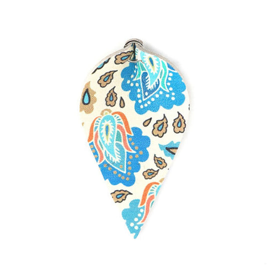 P2097 - 10 pcs. Paisley Pattern Faux Leather Dangle Charms Pendants - Pinch Leaf - Blue Orange - Silver Tone Jump Ring - 62mm (2.5") - Double Sided