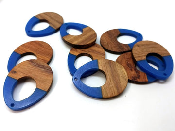 P2000 - 4 pcs. Blue Resin and Wood Teardrop Flat Pendant - 38mm x 28mm - (1.5" x 1.1") - LARGE - Great for Earrings and Necklaces!
