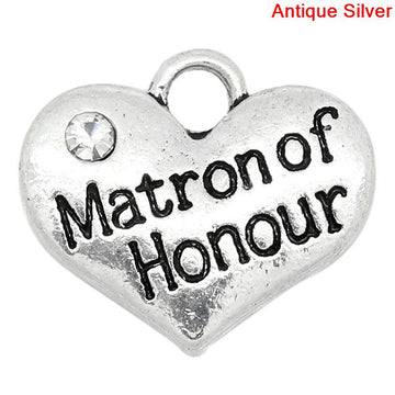 P047 - 2 pcs. Antique Silver "Matron of Honour" charm with rhinestone - 16mm X 14mm