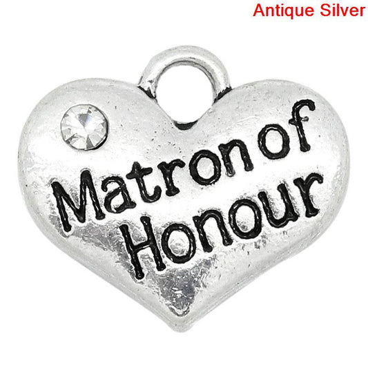 P047 - 2 pcs. Antique Silver "Matron of Honour" charm with rhinestone - 16mm X 14mm