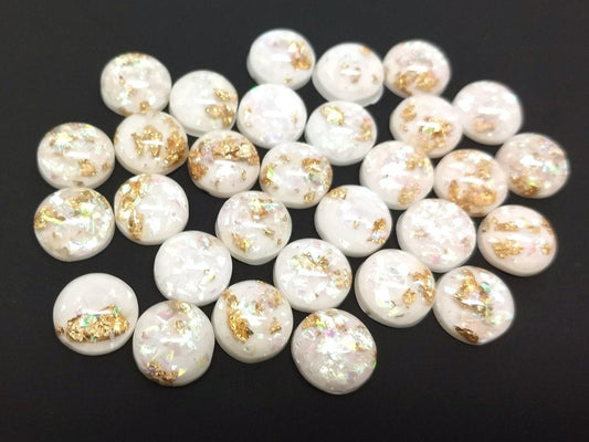 CA783 - 10 pcs Resin Round Embellishment Circle Cabochons Metal Foil White, Gold - 12mm - Multi-Color Glitter