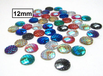 CA1033 - 100 pcs Assortment of Mermaid Fish Scales Resin Carved Embellishment Cabochons - 12mm (1/2 in) - 8 Colors!