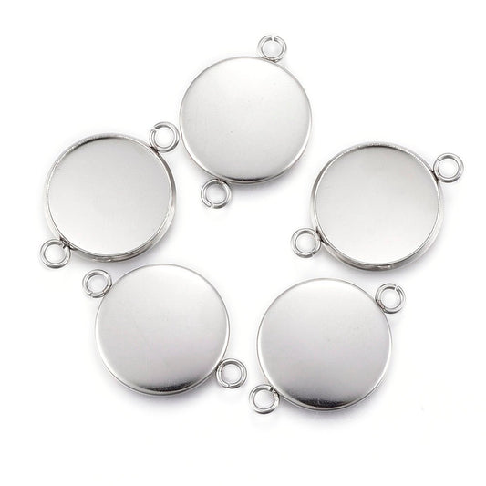 P170 - 10 pcs. 304 Stainless Steel Silver Tone Circle Round Bezel Cabochon Cameo Connector Tags Trays - 16mm Glue Pad - Tarnish Resistant!