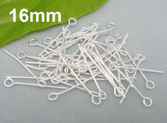 A029 - 100 pcs. Silver Plated Eye Head Pins - 16mm - 21 Gauge