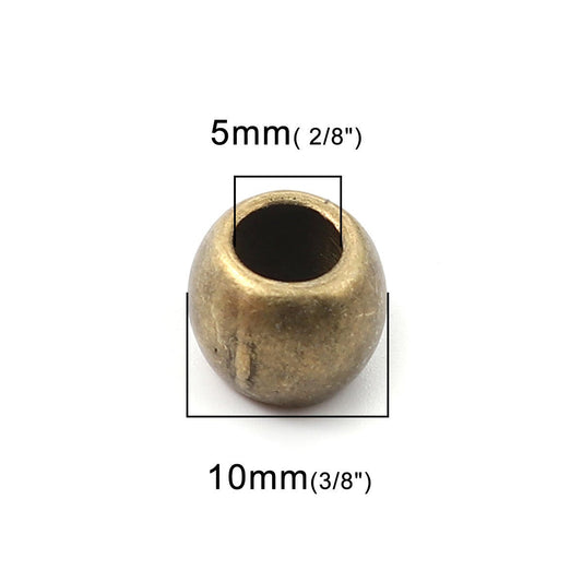 BD631 - 20 pcs Antique Bronze Metal Ball Spacer Beads - 10mm - Large Hole: 5mm - Fits European Cords and Paracord!