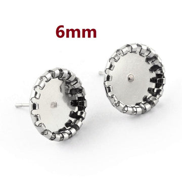 E592 - 10 pcs. Stainless Steel Earring Posts Studs Settings Bezels Cabochons Tacks - 6mm Glue Pad Setting - Silver Tone - Bubble Frame