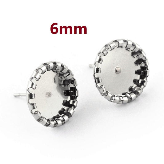 E592 - 10 pcs. Stainless Steel Earring Posts Studs Settings Bezels Cabochons Tacks - 6mm Glue Pad Setting - Silver Tone - Bubble Frame