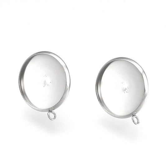 E377 - 10 pcs 304 Stainless Steel Silver Earring Posts Studs Settings Bezels Cabochons Tacks with Loop - 16mm Glue Pad Setting - Perpendicular Loop