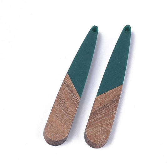 MP0012 - 4 pcs. Dark Green Resin and Wood Teardrop Flat Pendant - 44mm x 8mm - (1.73" x 0.32") - Great for Earrings and Necklaces!