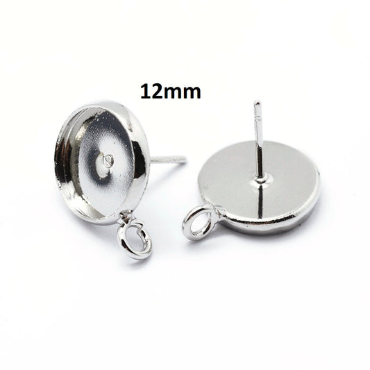 E230 - 10 pcs. Silver Tone Earring Posts Studs Settings Bezels Cabochons Tacks with Loop - 12mm Glue Pad Setting - Perpendicular Loop