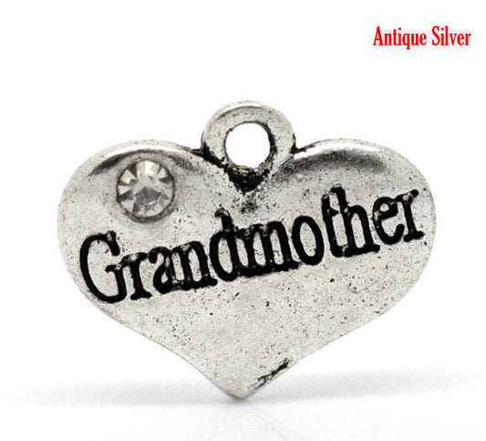 P069 - 4 pcs. Antique Silver "Grandmother" charm with rhinestone - 16mm X 14mm