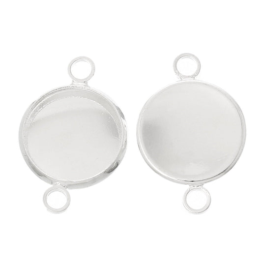 P467A - 10 pcs. Silver Plated Circle Round Bezel Cabochon Cameo Connectors Tags Trays - 12mm Glue Pad - Made of Copper!