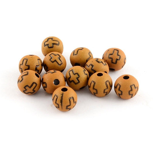 BD034 - 100 pcs Light Brown Coffee Acrylic Round Spacer Beads - 8mm (5/16") - Cross Design - Hole Size: 2mm - Imitation Wood