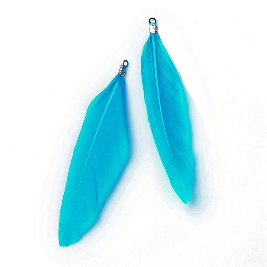 P383 - 10 pcs Sky Blue Dangle Charms Pendants - Feather - Silver Tone Crimps - 75mm (2.95") - Great for Light Earrings or Dangles!
