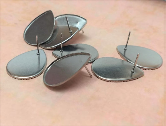 10 pcs. Stainless Steel Silver Earring Tacks Posts Studs Settings Bezels Cabochons - Teardrop - 25mm x 18mm Glue Pad Setting
