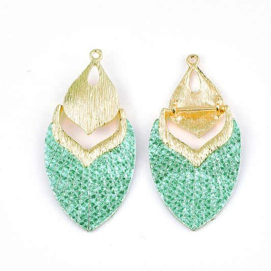 MP0004 - 10 pcs. Metal and Faux Leather Dangle Charms Pendants - Teal Green - Gold Hardware - 61mm (2.4")