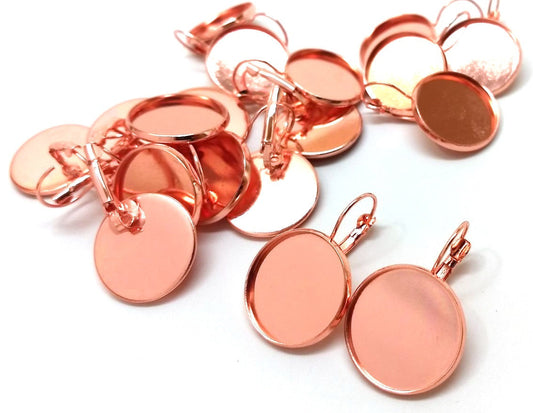 E428 - 10 pcs. Rose Gold Plated Earring Clips Settings Lever Back Bezels Cabochons - 20mm Glue Pad Setting
