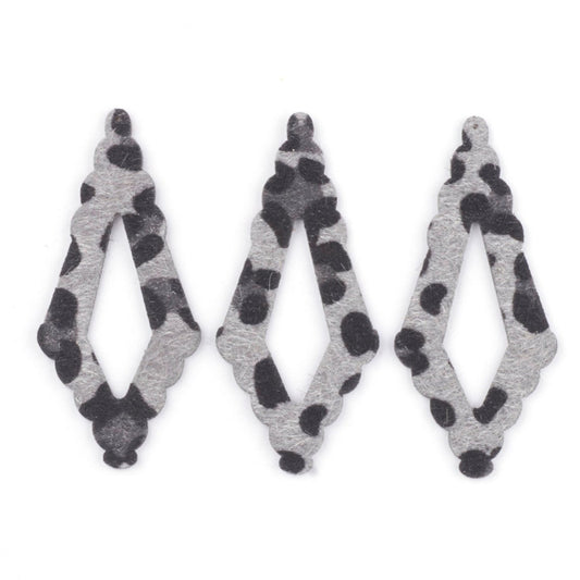 P2073 - 10 pcs. Gray Leopard Faux Fur Leather Dangle Charms Pendants - Rhombus - 74mm (2.91") - Great for Light Earrings or Dangles! Black Back