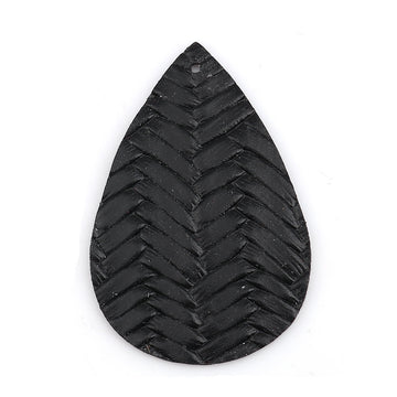 P1072 - 10 pcs Black Faux Leather Dangle Charms Pendants - Teardrop Braided Weave - 56mm (2.2") - Great for Light Earrings or Dangles! Double-Sided