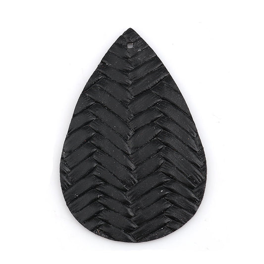 P1072 - 10 pcs Black Faux Leather Dangle Charms Pendants - Teardrop Braided Weave - 56mm (2.2") - Great for Light Earrings or Dangles! Double-Sided
