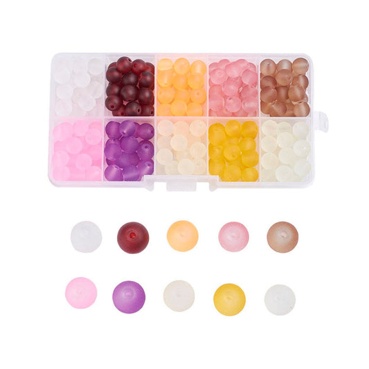 BD724 - 100 Beads - 10mm Assortment Box of Glass Frosted Round Beads - Hole Size: 1.3mm - 10 Colors! Set 2