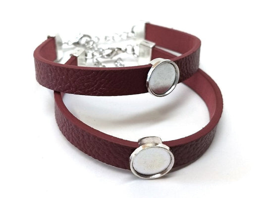 B065 - 2 pcs. Red Faux Leather Bracelets with 12mm Glue Pad Bezel Trays and Extender Chains - Adjustable from 7" to 9"