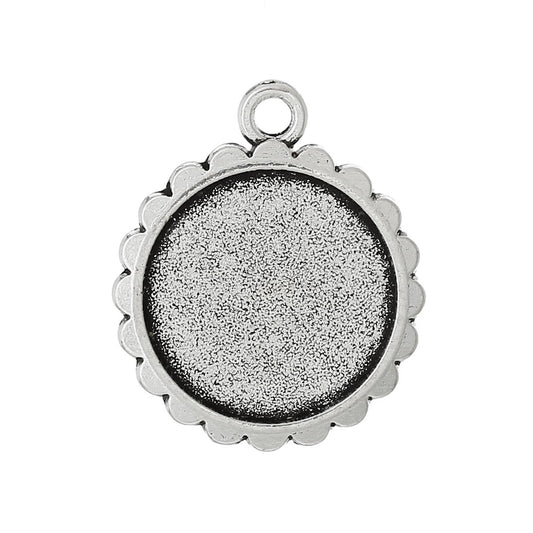 P483 - 10 pcs. Antique Silver Circle Round Bezel Cabochon Pendant Tags Trays - 16mm Glue Pad Settings - Design A