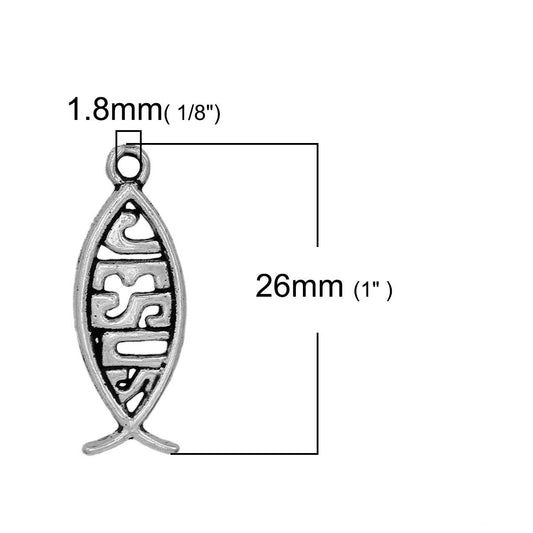 P946A - 10 pcs. Antique Silver Tone "Jesus" Fish Charms Pendants - 26mm x 9mm ( 1" x 3/8") - Double Sided