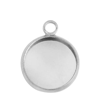 P1111 - 10 pcs. Silver Plated Circle Round Bezel Cabochon Pendant Tags Trays - 12mm Glue Pad - 18x14mm - Single Loop