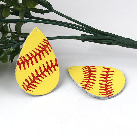 P940 - 6 pcs. Yellow Red Softball Cowhide REAL Leather Dangle Charms Pendants - Teardrop - 56mm (2.2") - Great for Light Earrings or Dangles