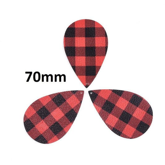 P1147 - 10 pcs Black and Red Faux Leather Dangle Pendants - Teardrop - Gingham - Buffalo Check - 70mm (2.8") - Great for Earrings! Double-Sided - XL