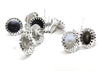 E464 - 10 pcs. Silver Plated Earring Posts Studs Settings Bezels Cabochons Tacks - Bubble Style - 12mm Glue Pad Setting - Includes Rubber Stoppers