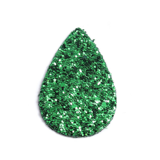P2092 - 10 pcs. Green Glitter Faux Leather Dangle Charms Pendants - Teardrop - 56mm (2.2") - Great for Light Earrings - Double-Sided - Large Glitter