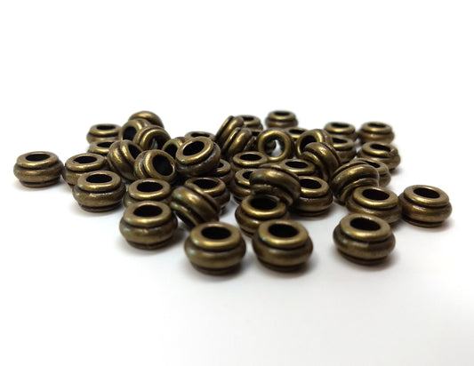BD615 - 50 pcs Antique Bronze Striped METAL Rondelle Spacer Beads - 10mm - Large Hole: 4.5mm - Fits European Cords and Paracord!
