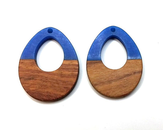 P2000 - 4 pcs. Blue Resin and Wood Teardrop Flat Pendant - 38mm x 28mm - (1.5" x 1.1") - LARGE - Great for Earrings and Necklaces!