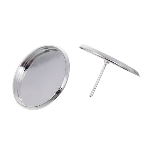 E409 - 10 pcs. Silver Plated Earring Posts Studs Settings Bezels Cabochons Tacks- 20mm Glue Pad Setting - Includes Rubber Backs!