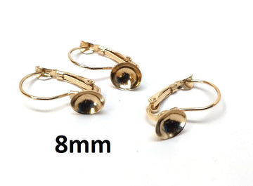 E588 - 10 pcs. (5 pairs) Golden Earring Lever Back Clips - Cone Posts - For 8mm Round Back Cabochons