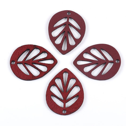 P674 -10 pcs. Maroon Dark Red Faux Leather Dangle Charms Pendants - Leaf - Leaves - 32mm (1.26") - Great for Light Earrings, Necklaces or Dangles