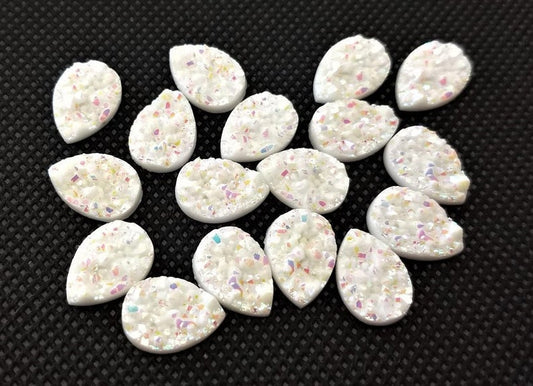 CA624 - 10 pcs Druzy Resin Embellishment Cabochons White Multicolor - 14x10mm - Teardrop - 14mm x 10mm - 3mm Thick