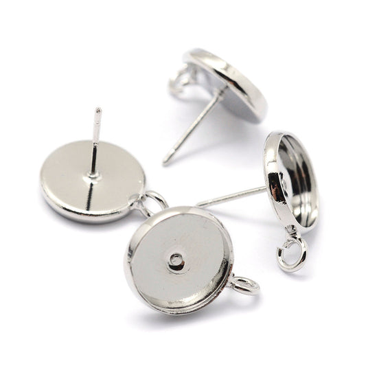 E230 - 10 pcs. Silver Tone Earring Posts Studs Settings Bezels Cabochons Tacks with Loop - 12mm Glue Pad Setting - Perpendicular Loop