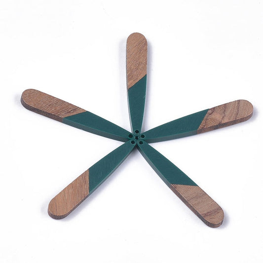 MP0012 - 4 pcs. Dark Green Resin and Wood Teardrop Flat Pendant - 44mm x 8mm - (1.73" x 0.32") - Great for Earrings and Necklaces!
