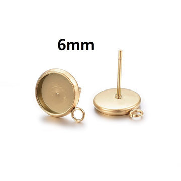 E378 - 10 pcs. 304 Stainless Steel Golden Earring Posts Studs Settings Bezels Cabochons Tacks with Loop - 6mm Glue Pad Setting - Parallel Loop